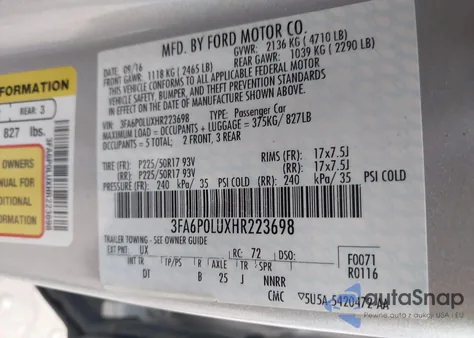 2017 Ford Fusion Hybrid Se from USA, damaged, VIN 3FA6P0LUXHR223698